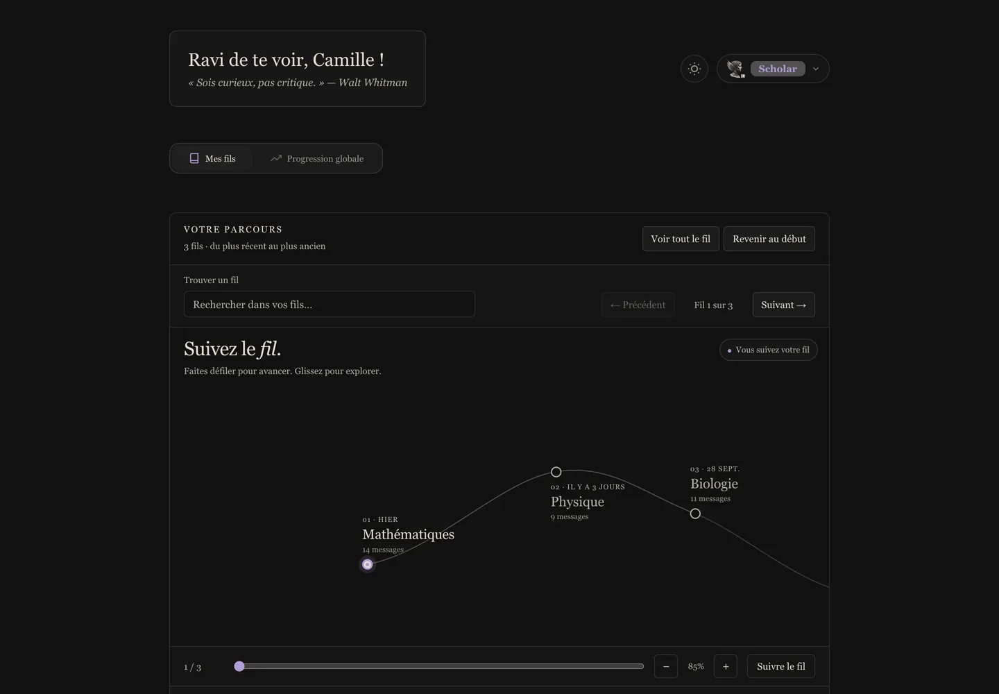 Tableau de bord Mnemosyne : un parcours tracé en une ligne à travers des fils de mathématiques, de physique et de biologie