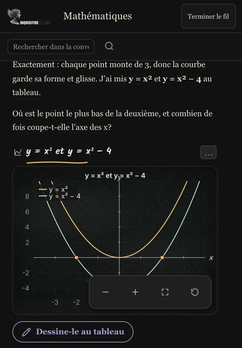 Mnemosyne sur un téléphone : la réponse du tuteur sur la translation d’une parabole, avec le graphique de y = x² et y = x² − 4 dessiné dessous